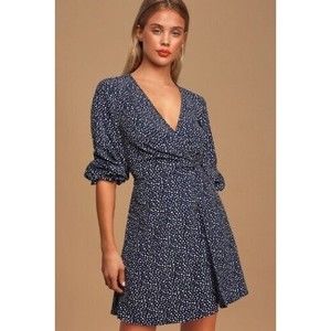 Lulus Twirl Me Around Navy Blue Polka Dot Faux Wrap Mini Dress Long Sleeve Small